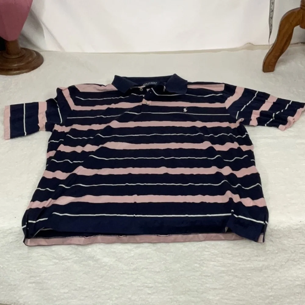 Mens short sleeve Ralph Lauren Navy and Pink Striped Polo